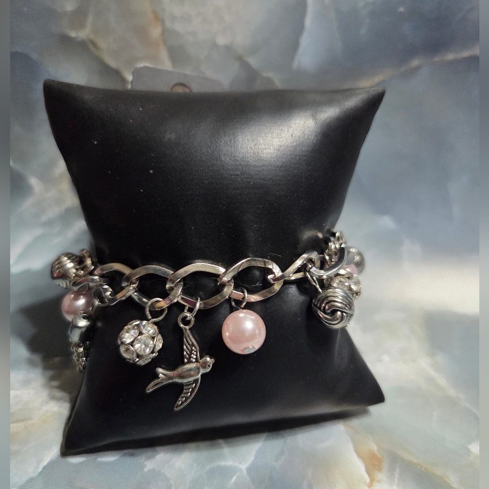 Silver Charm Bracelet with Pink Pearl and Bird Charm